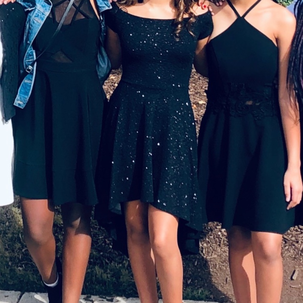Windsor dress, a subtle high- low, black, glitter